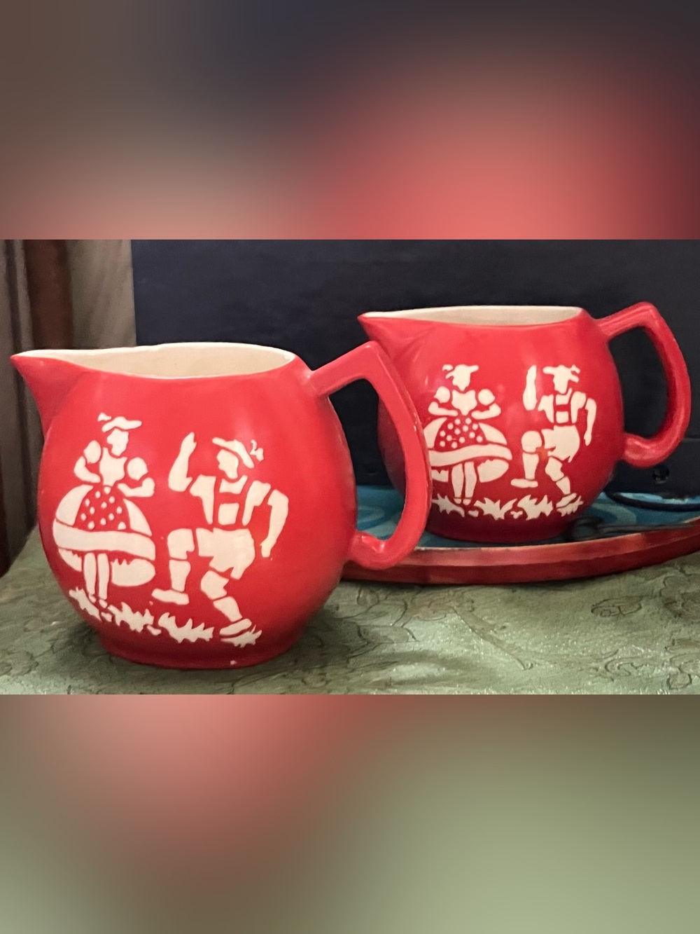 2 vintage Czechoslovakian creamers w/folk dancing boy and girl